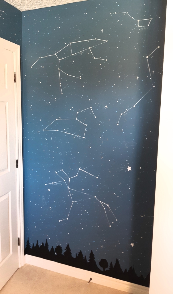 Blue wall with white stars and constellations